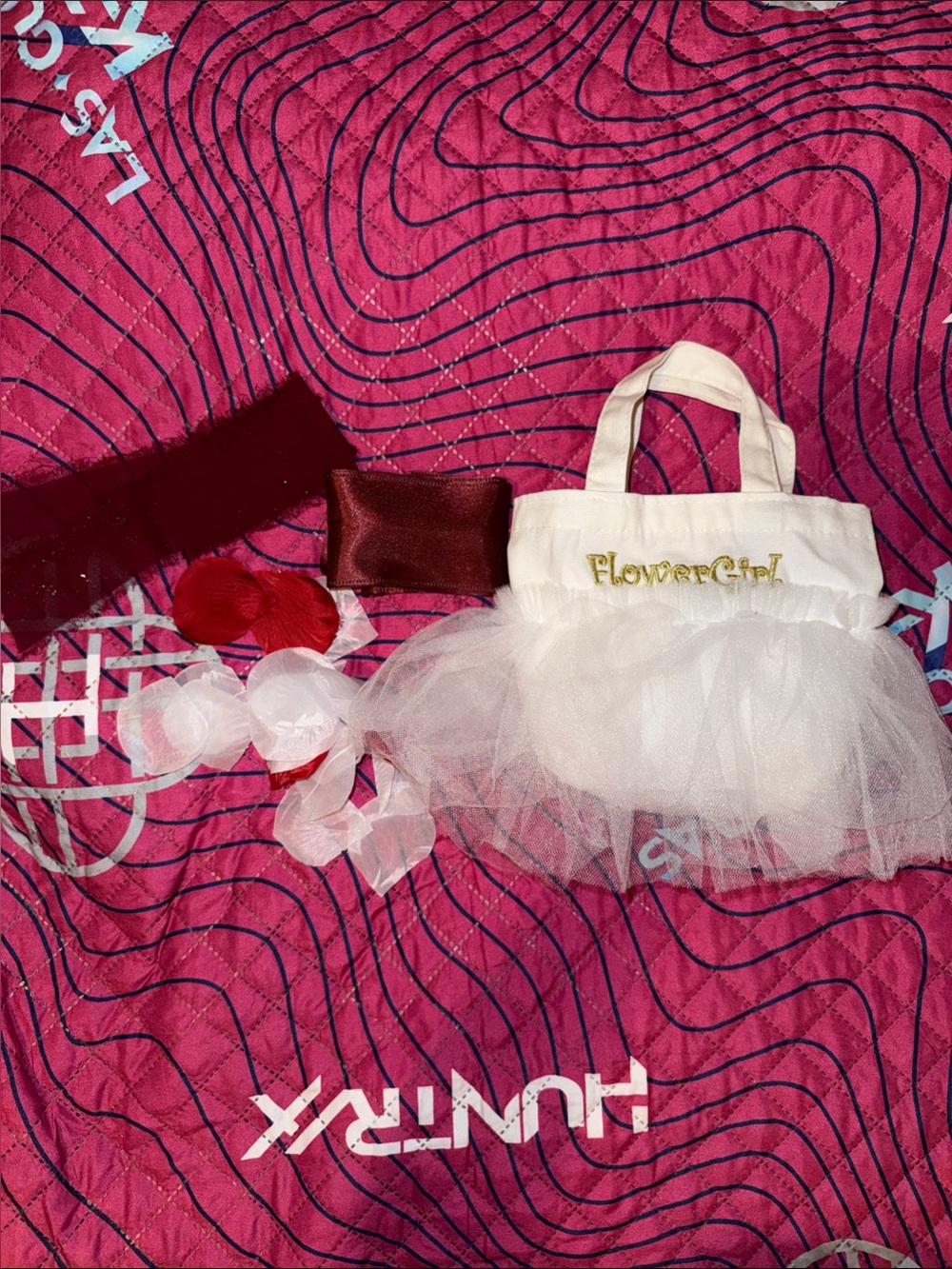 White 'Flower Girl' Tulle Tote Bag with Red and Burgundy Accents